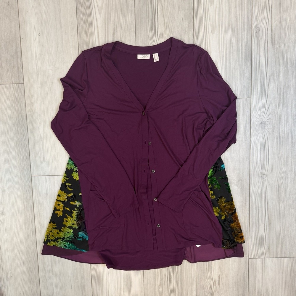 LOGO by Lori‎ Goldstein Large Rayon 230 V-Neck Cardigan w Lace Hem Dark Plum